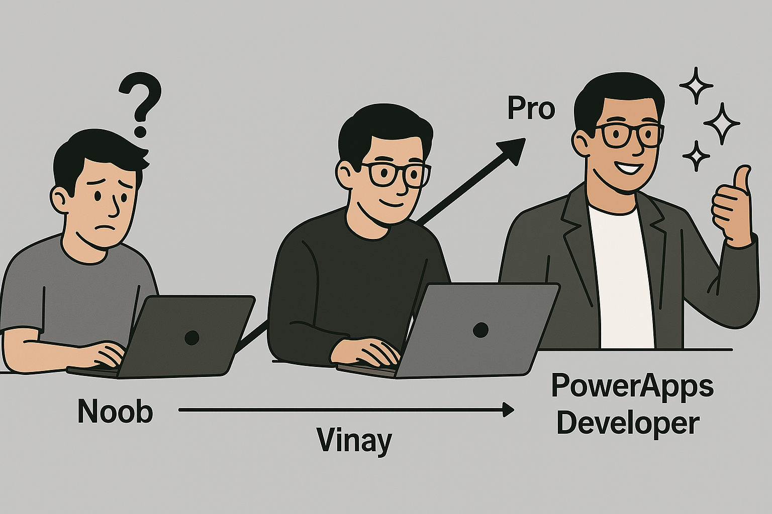 A visual representation of Vinay's journey from a beginner PowerApps developer to a pro. The image transitions from a noob struggling with code to an expert confidently mastering PowerApps solutions. The background has a gray shade, symbolizing growth and experience. The composition emphasizes progress, learning, and skill development in Power Platform.