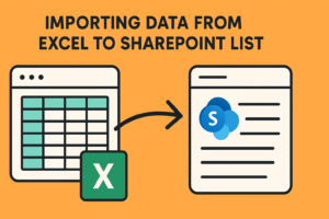 A cartoon-style illustration showing the process of importing data from an Excel spreadsheet into a SharePoint list. The image features an Excel file icon on the left, a SharePoint list icon on the right, and arrows indicating the data flow between them. The arrows highlight key steps in the process, making the concept visually clear.