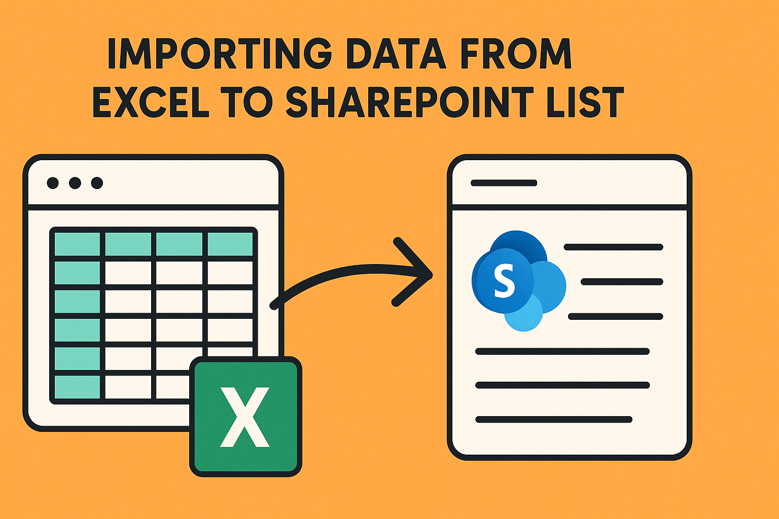 A cartoon-style illustration showing the process of importing data from an Excel spreadsheet into a SharePoint list. The image features an Excel file icon on the left, a SharePoint list icon on the right, and arrows indicating the data flow between them. The arrows highlight key steps in the process, making the concept visually clear.