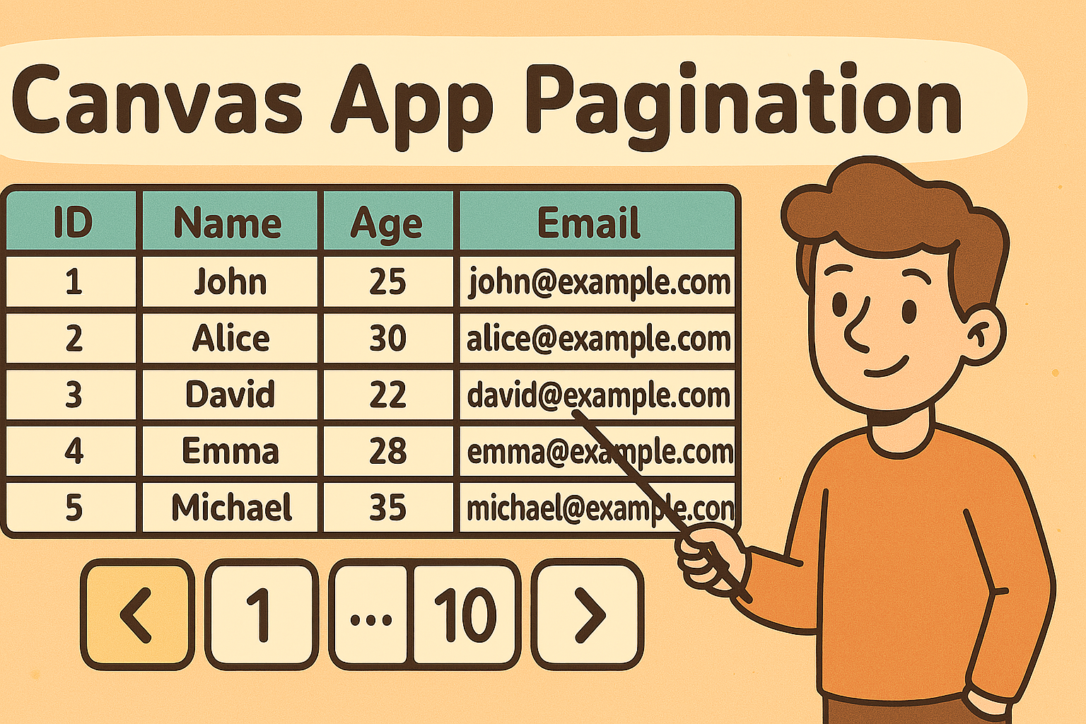 "A cartoon-style illustration of Canvas App Pagination. The image features a live example table with pagination icons below it. A friendly character stands to the side, pointing at the pagination section with a stick, emphasizing its importance. The design is visually engaging, making it clear what the blog is about at first glance.
