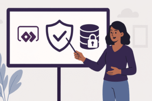 An illustrated representation of security in PowerApps Canvas Apps. A person is explaining security concepts visually, using the PowerApps logo, a security shield icon, and a data protection symbol. The design is engaging, avoiding text while maintaining a clear message about safeguarding data. The aspect ratio is 16:9 for optimal presentation.